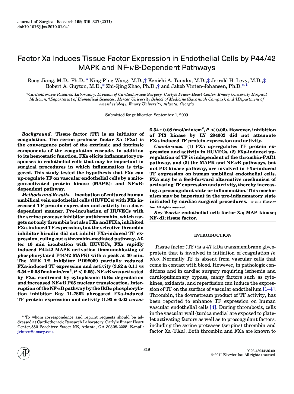 Factor Xa Induces Tissue Factor Expression in Endothelial Cells by P44/42 MAPK and NF-κB-Dependent Pathways