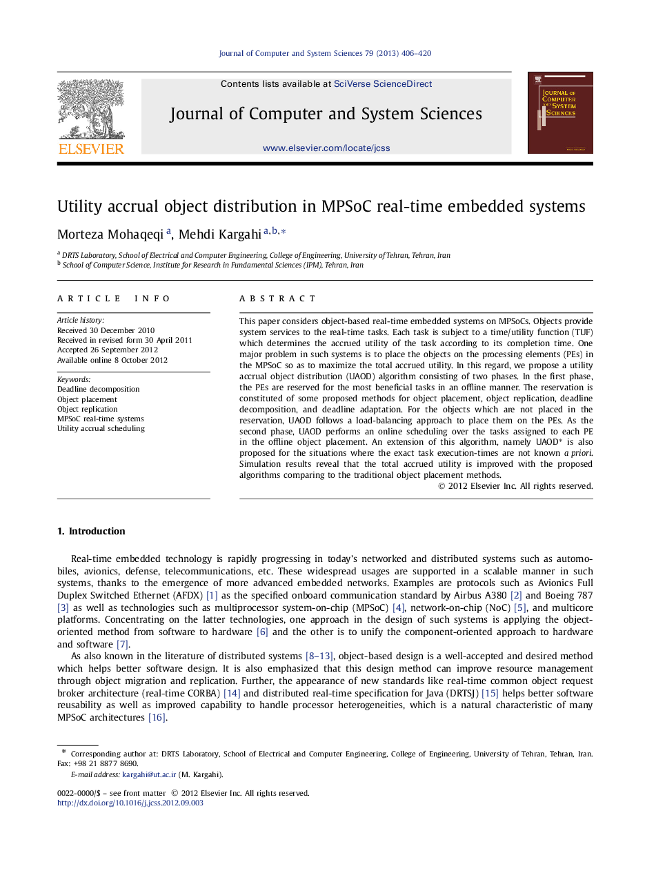 Utility accrual object distribution in MPSoC real-time embedded systems