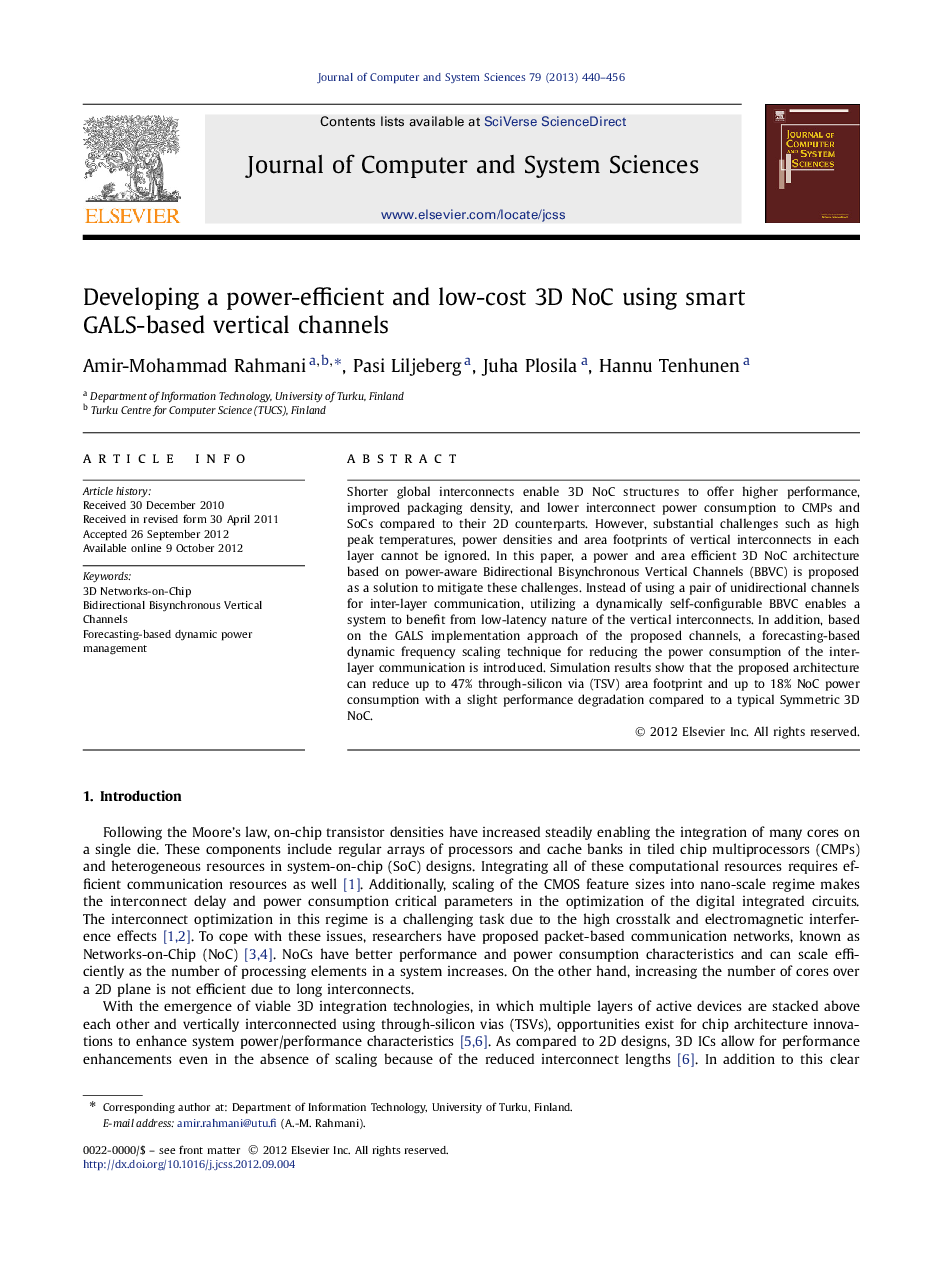 Developing a power-efficient and low-cost 3D NoC using smart GALS-based vertical channels