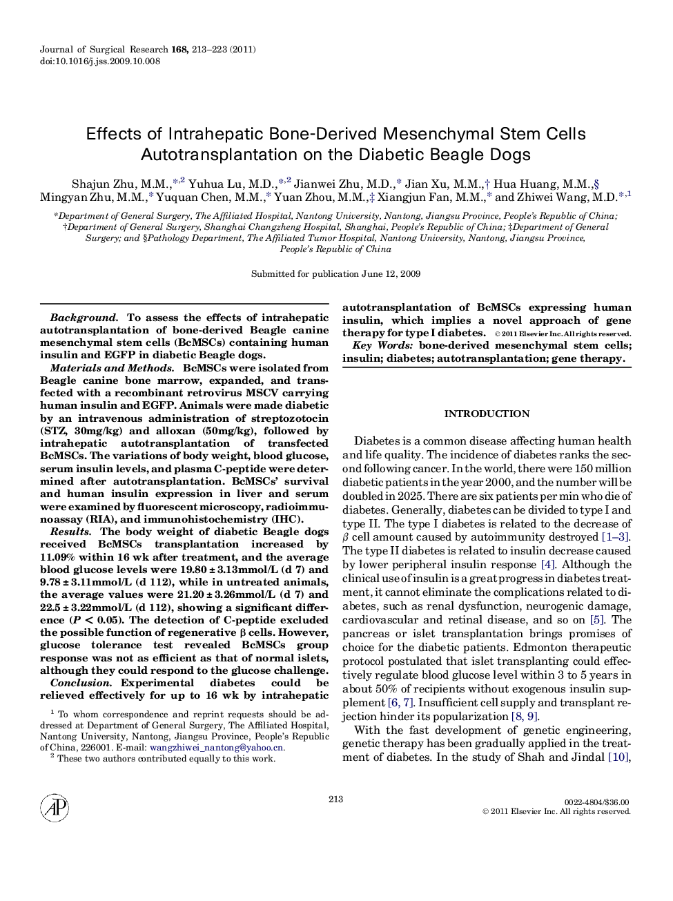 Effects of Intrahepatic Bone-Derived Mesenchymal Stem Cells Autotransplantation on the Diabetic Beagle Dogs