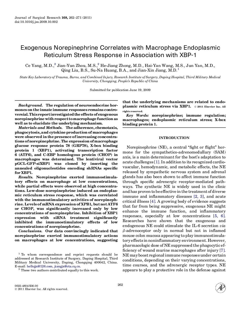 Exogenous Norepinephrine Correlates with Macrophage Endoplasmic Reticulum Stress Response in Association with XBP-1