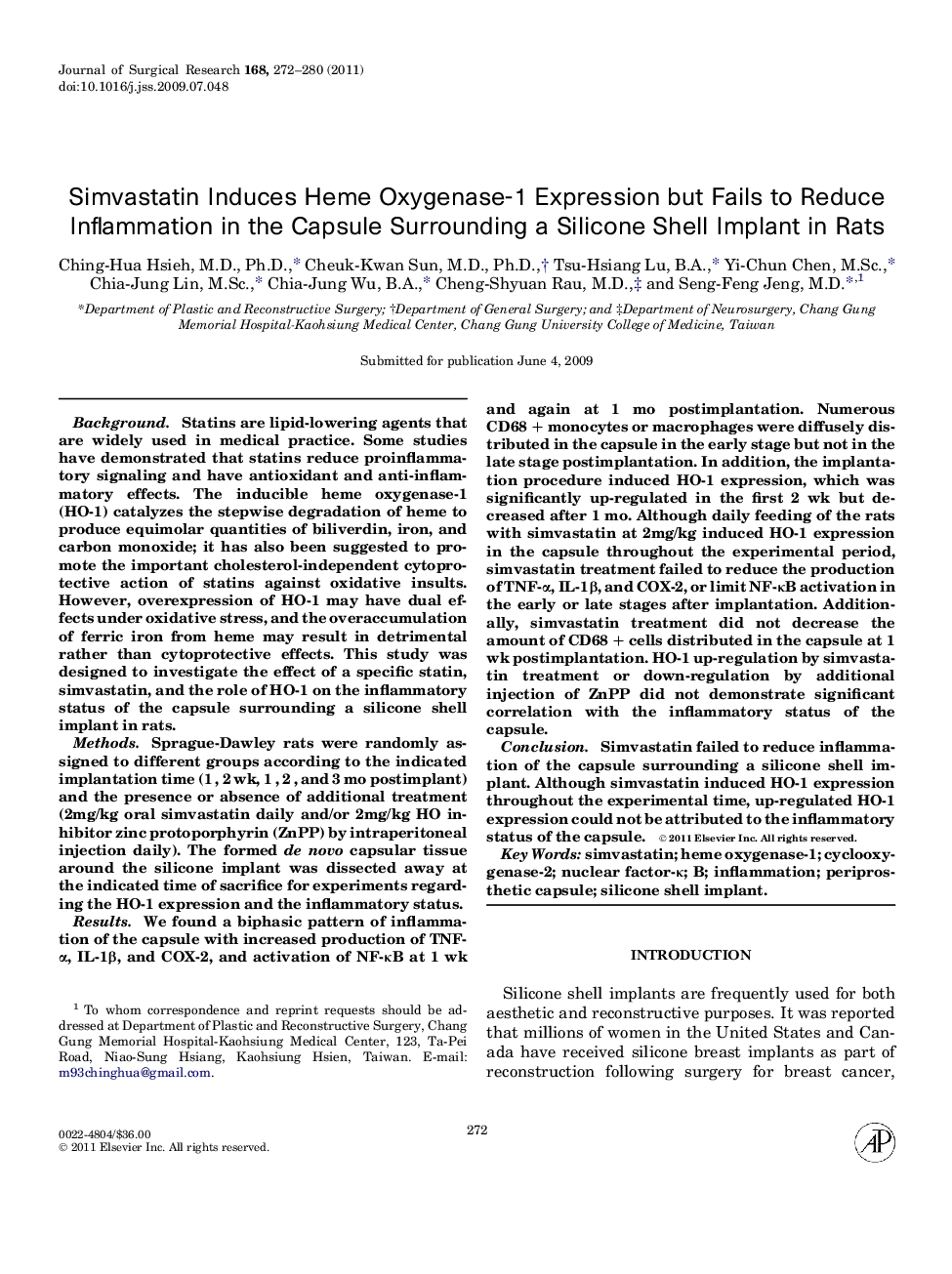 Simvastatin Induces Heme Oxygenase-1 Expression but Fails to Reduce Inflammation in the Capsule Surrounding a Silicone Shell Implant in Rats