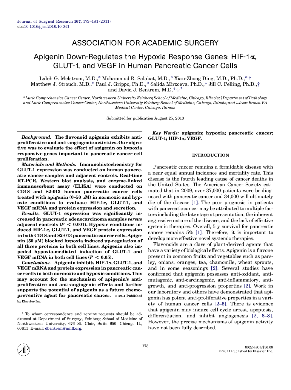 Apigenin Down-Regulates the Hypoxia Response Genes: HIF-1α, GLUT-1, and VEGF in Human Pancreatic Cancer Cells