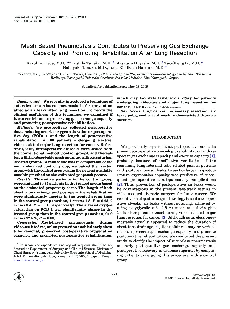 Mesh-Based Pneumostasis Contributes to Preserving Gas Exchange Capacity and Promoting Rehabilitation After Lung Resection