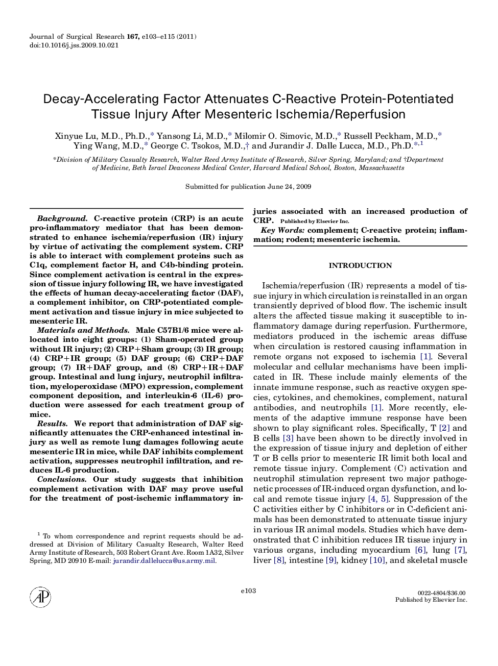 Decay-Accelerating Factor Attenuates C-Reactive Protein-Potentiated Tissue Injury After Mesenteric Ischemia/Reperfusion