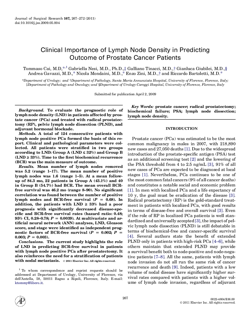 Clinical Importance of Lymph Node Density in Predicting Outcome of Prostate Cancer Patients