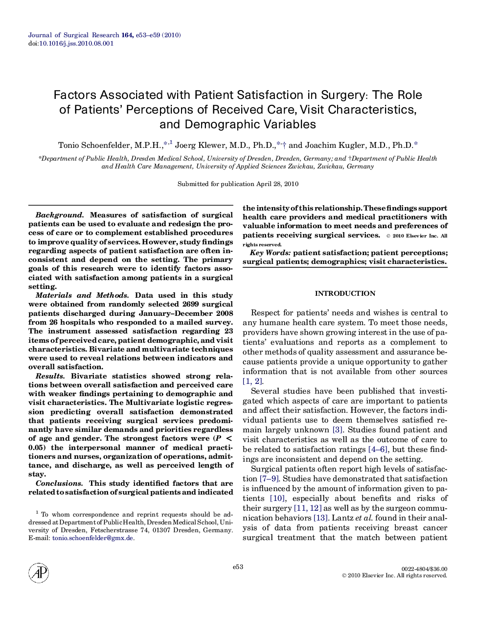 Factors Associated with Patient Satisfaction in Surgery: The Role of Patients’ Perceptions of Received Care, Visit Characteristics, and Demographic Variables