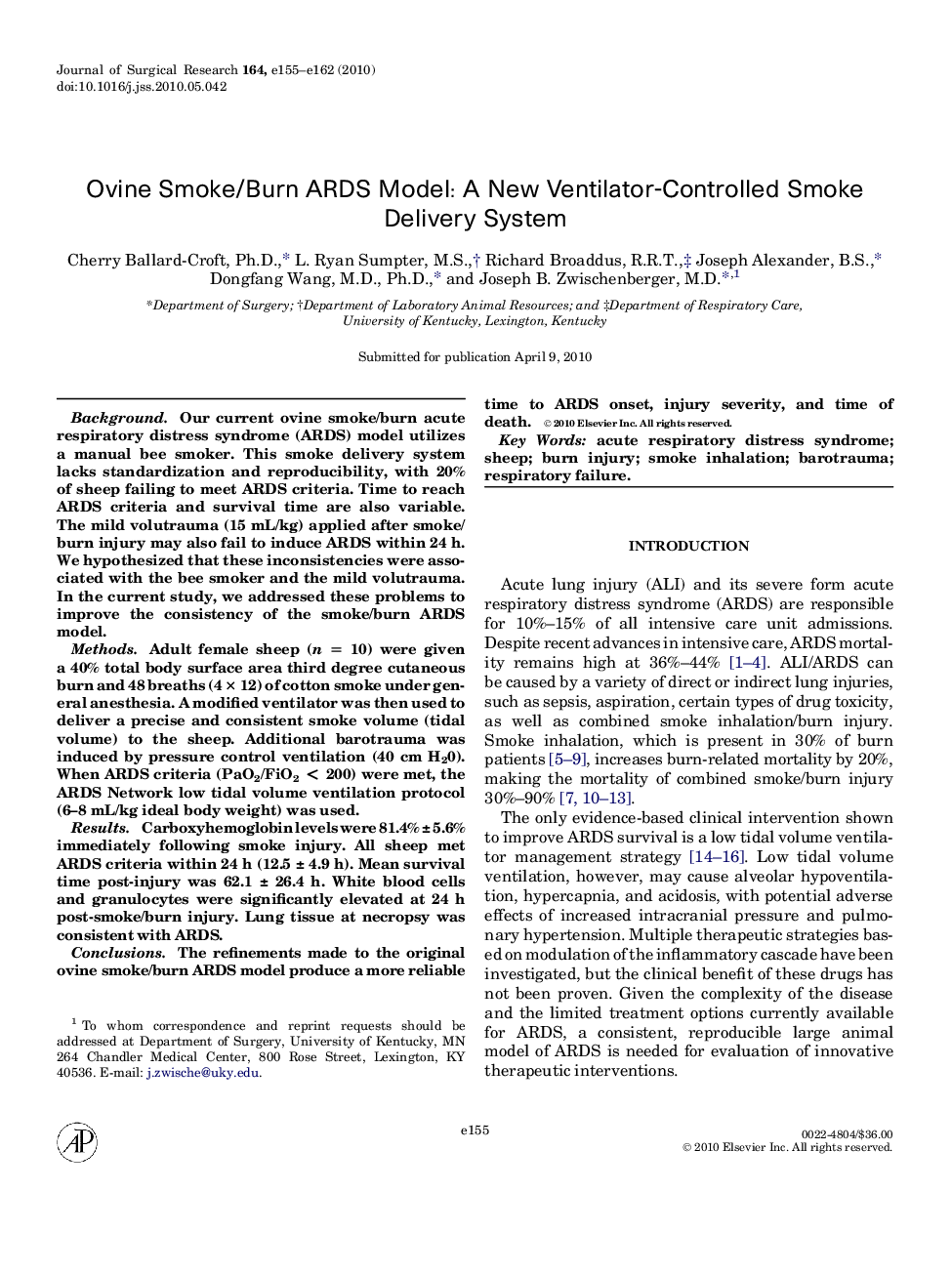 Ovine Smoke/Burn ARDS Model: A New Ventilator-Controlled Smoke Delivery System