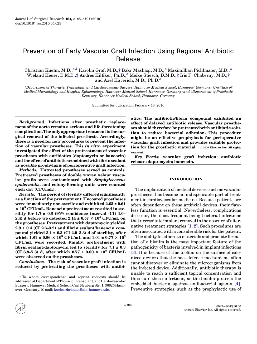 Prevention of Early Vascular Graft Infection Using Regional Antibiotic Release