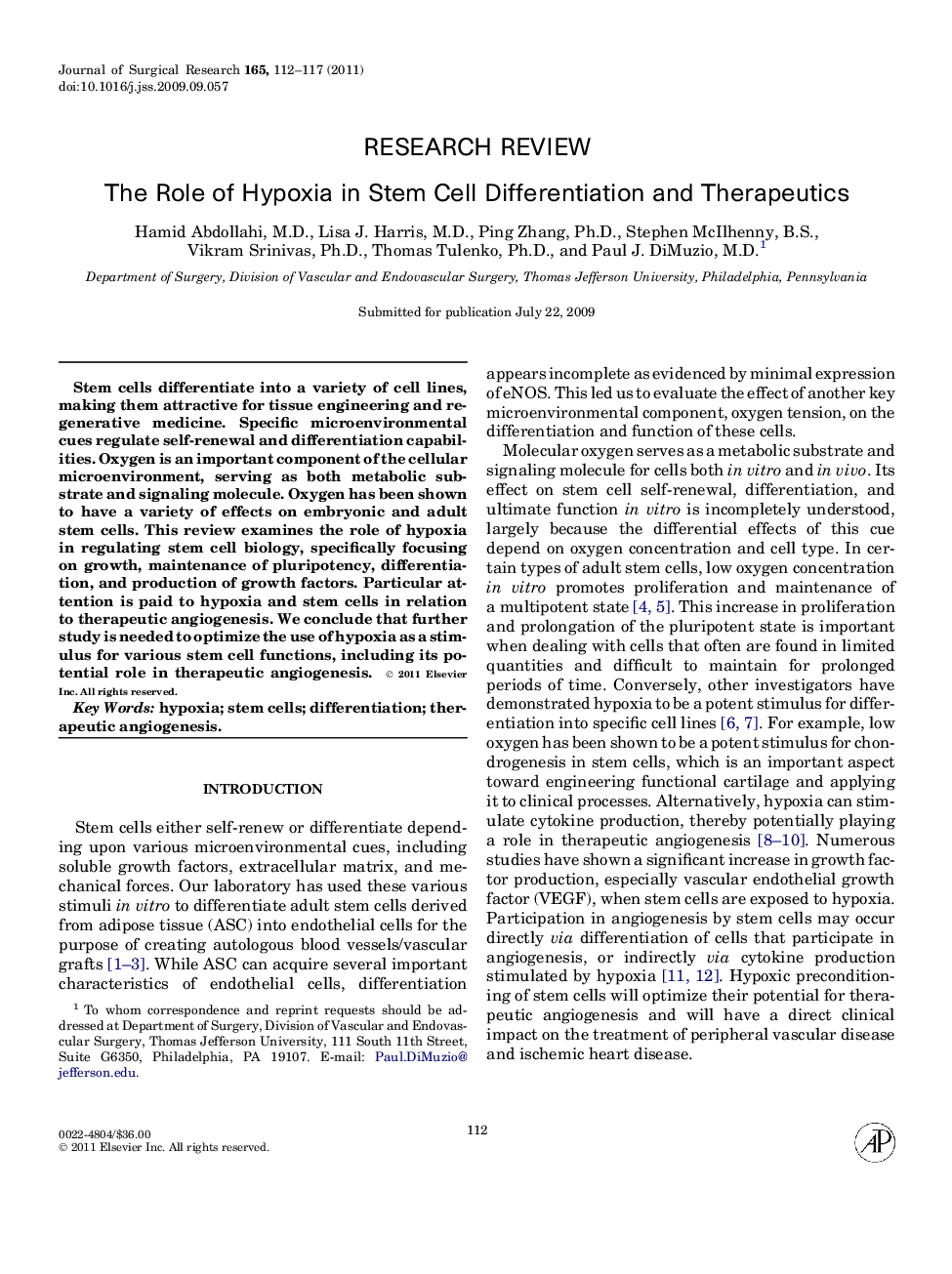 The Role of Hypoxia in Stem Cell Differentiation and Therapeutics