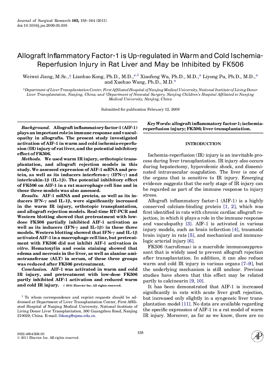 Allograft Inflammatory Factor-1 is Up-regulated in Warm and Cold Ischemia-Reperfusion Injury in Rat Liver and May be Inhibited by FK506