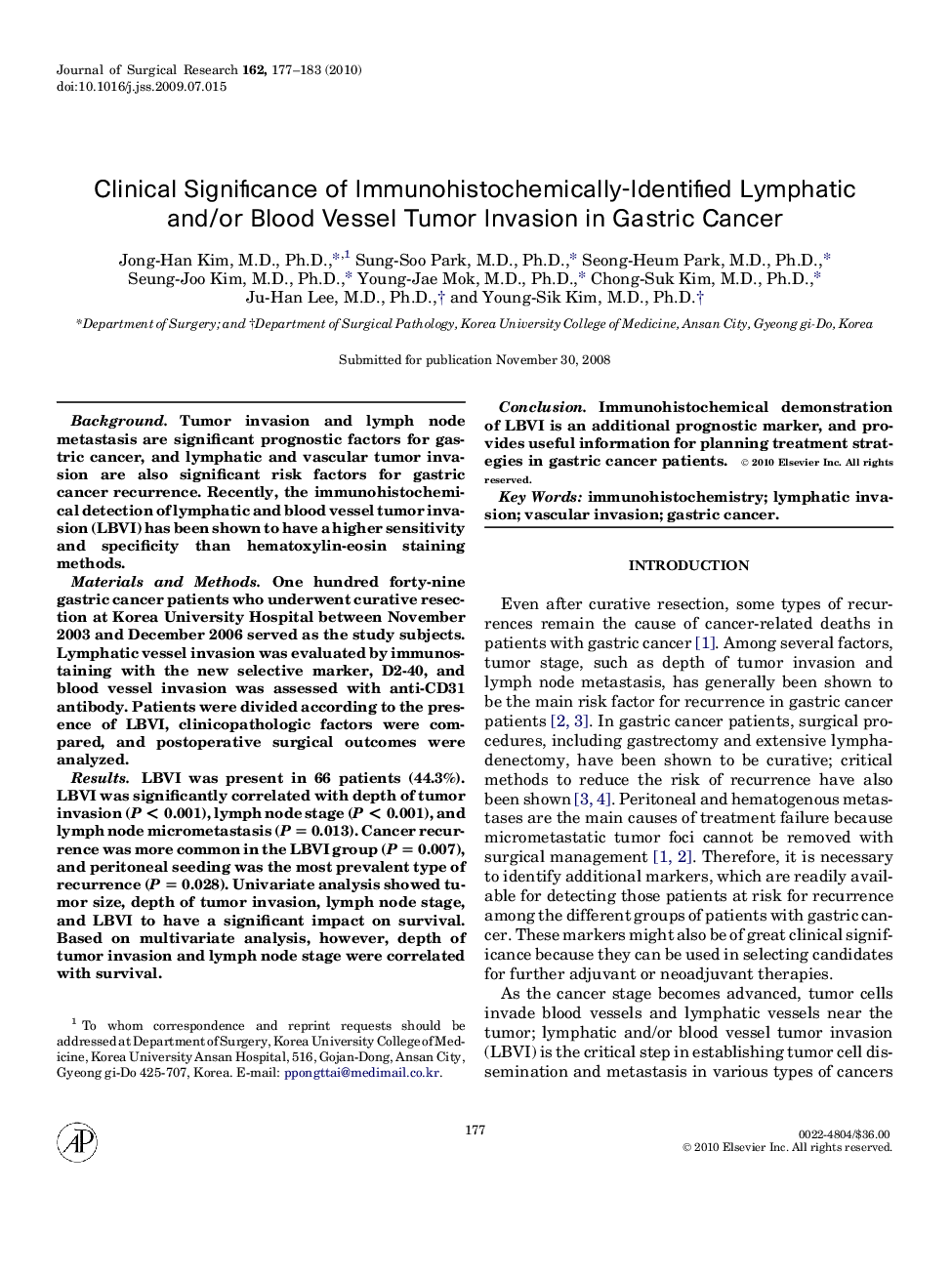 Clinical Significance of Immunohistochemically-Identified Lymphatic and/or Blood Vessel Tumor Invasion in Gastric Cancer