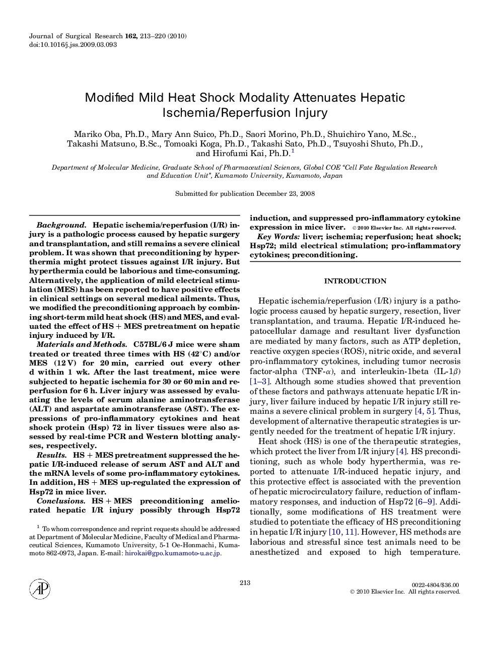 Modified Mild Heat Shock Modality Attenuates Hepatic Ischemia/Reperfusion Injury