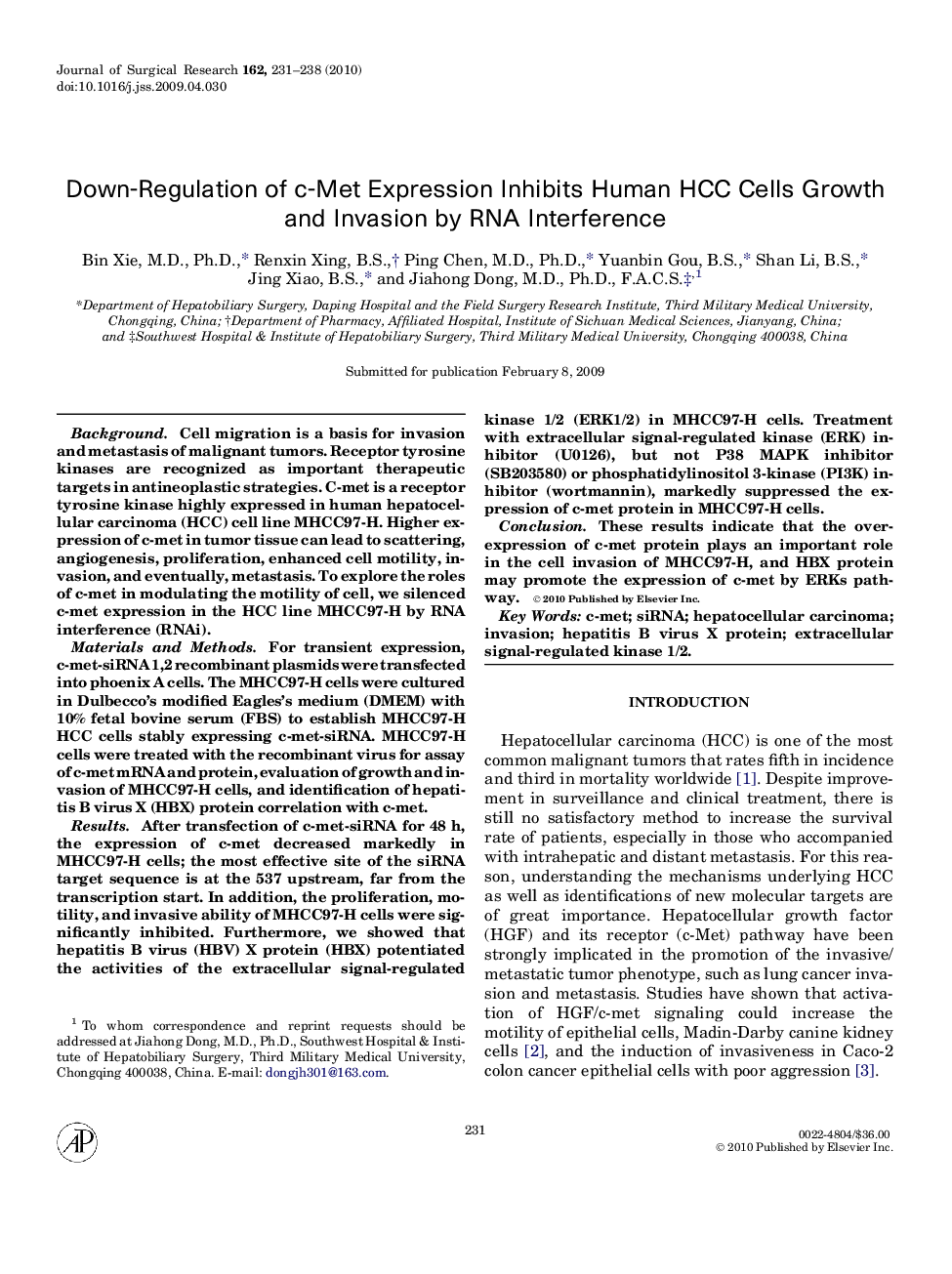 Down-Regulation of c-Met Expression Inhibits Human HCC Cells Growth and Invasion by RNA Interference