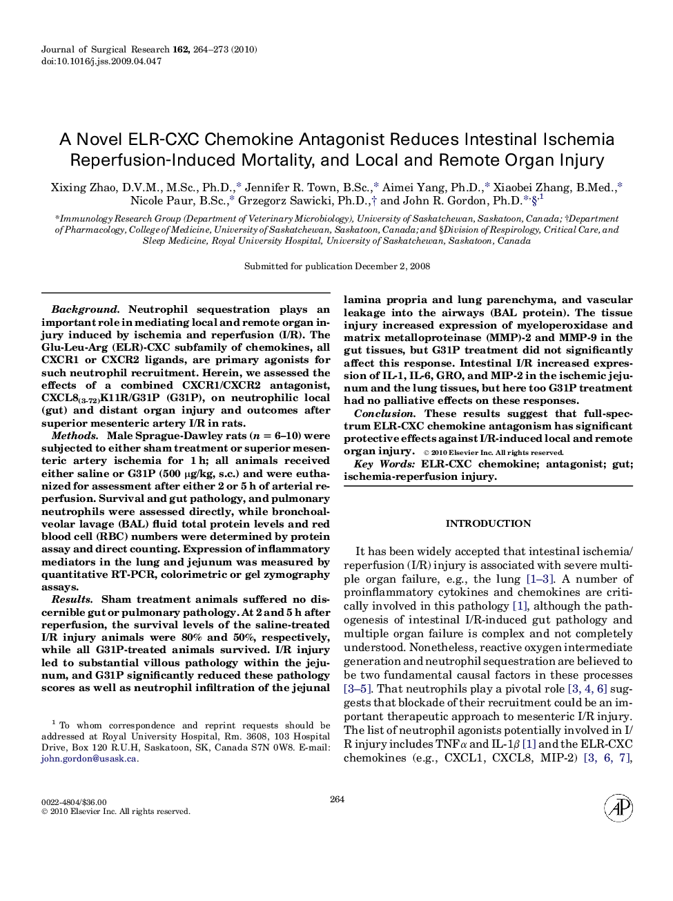 A Novel ELR-CXC Chemokine Antagonist Reduces Intestinal Ischemia Reperfusion-Induced Mortality, and Local and Remote Organ Injury