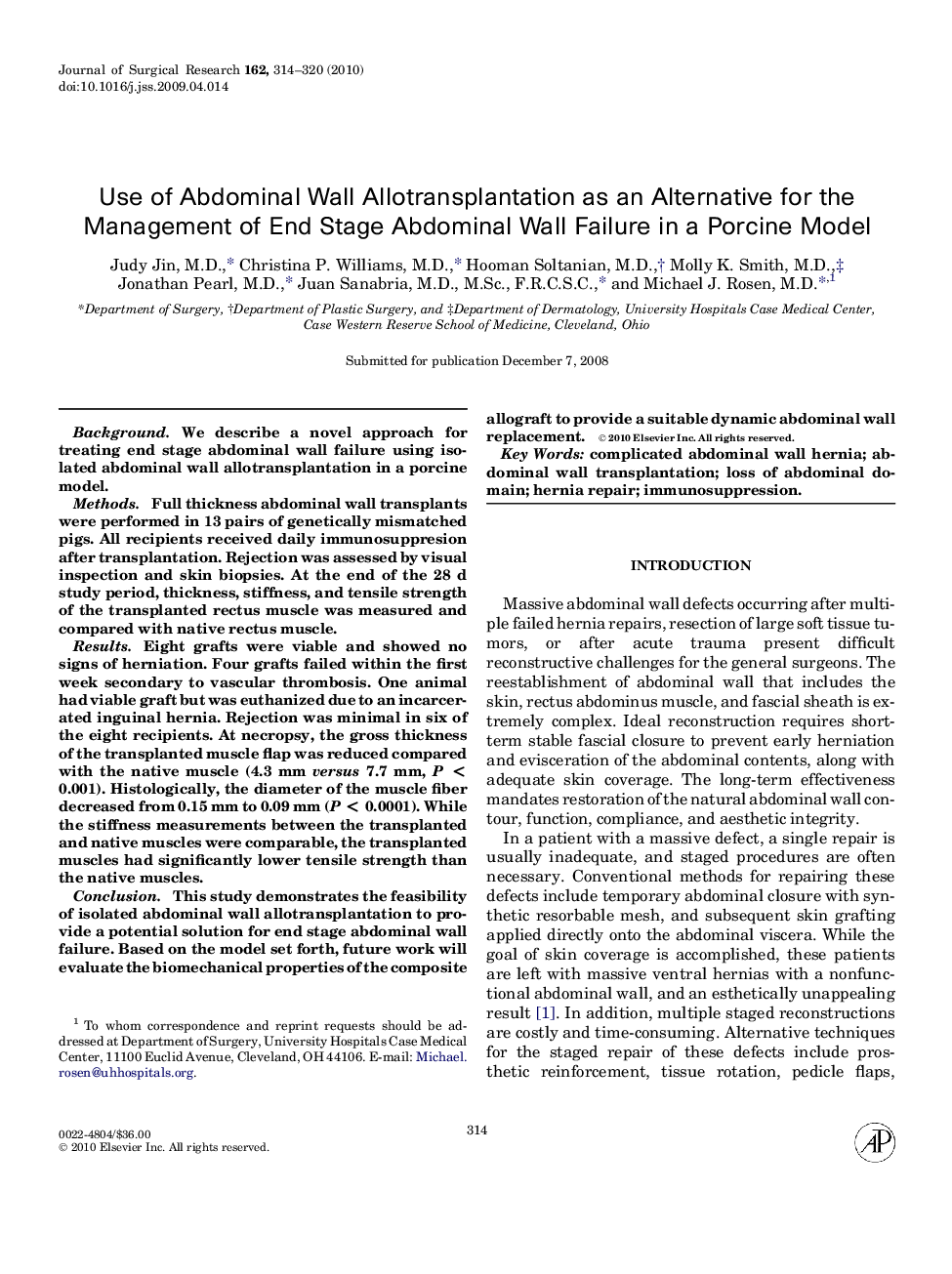 Use of Abdominal Wall Allotransplantation as an Alternative for the Management of End Stage Abdominal Wall Failure in a Porcine Model