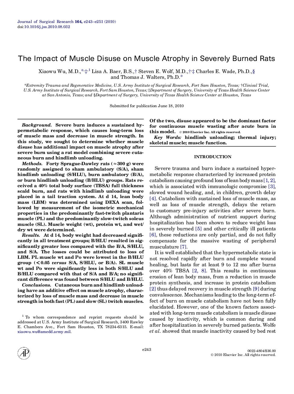 The Impact of Muscle Disuse on Muscle Atrophy in Severely Burned Rats