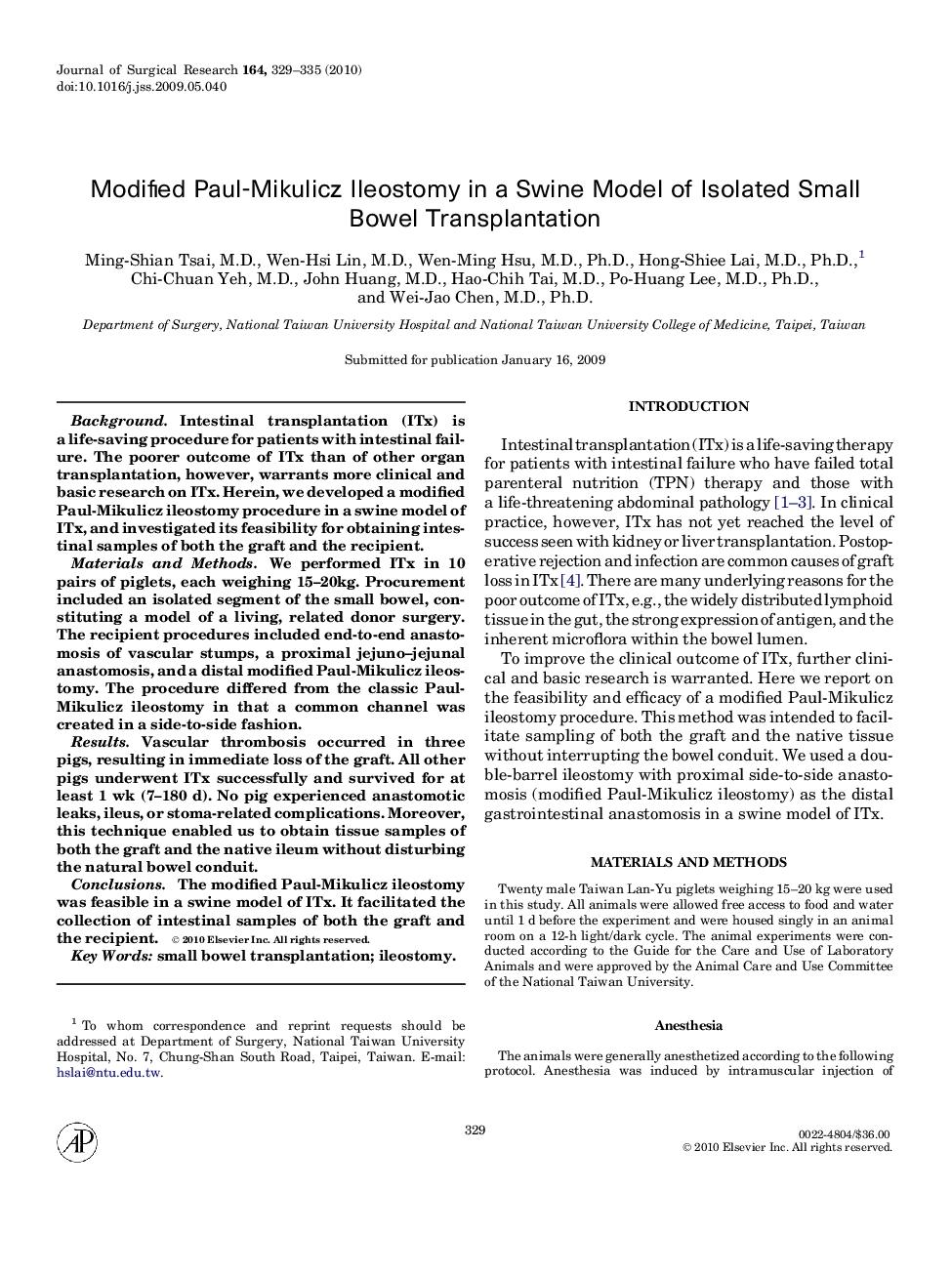 Modified Paul-Mikulicz Ileostomy in a Swine Model of Isolated Small Bowel Transplantation