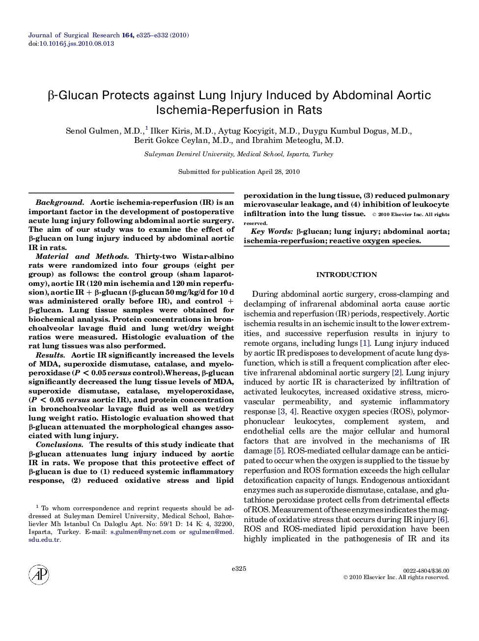 β-Glucan Protects against Lung Injury Induced by Abdominal Aortic Ischemia-Reperfusion in Rats