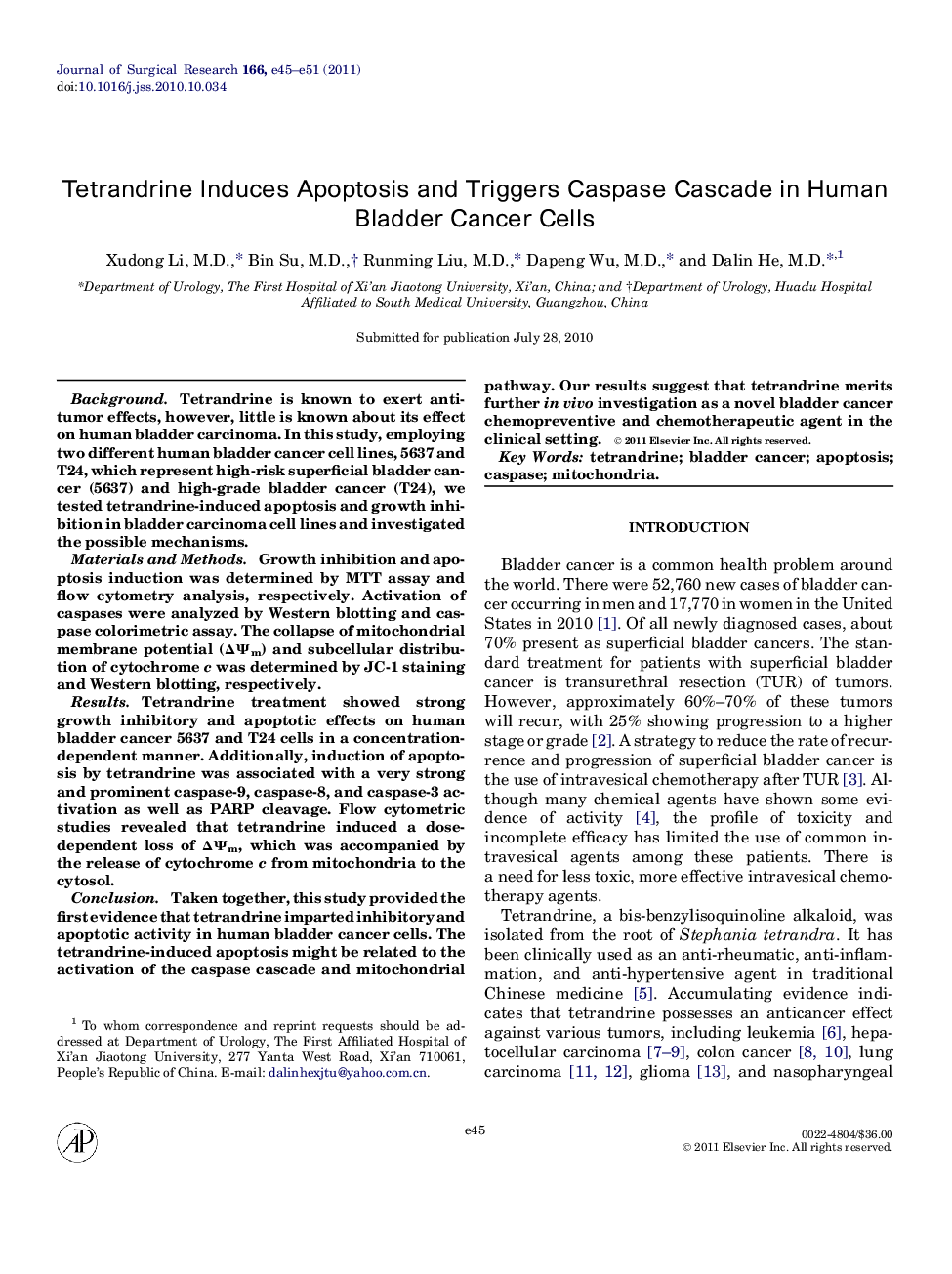 Tetrandrine Induces Apoptosis and Triggers Caspase Cascade in Human Bladder Cancer Cells