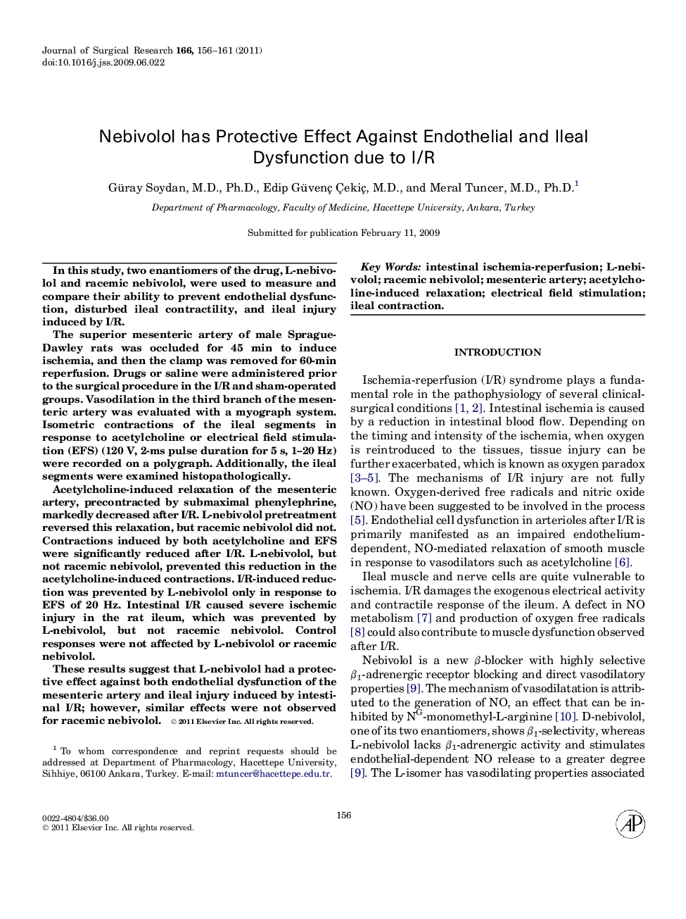 Nebivolol has Protective Effect Against Endothelial and Ileal Dysfunction due to I/R