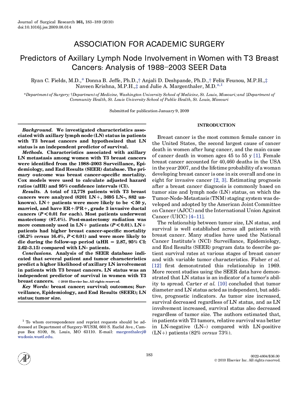 Predictors of Axillary Lymph Node Involvement in Women with T3 Breast Cancers: Analysis of 1988–2003 SEER Data