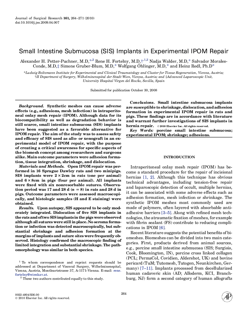 Small Intestine Submucosa (SIS) Implants in Experimental IPOM Repair