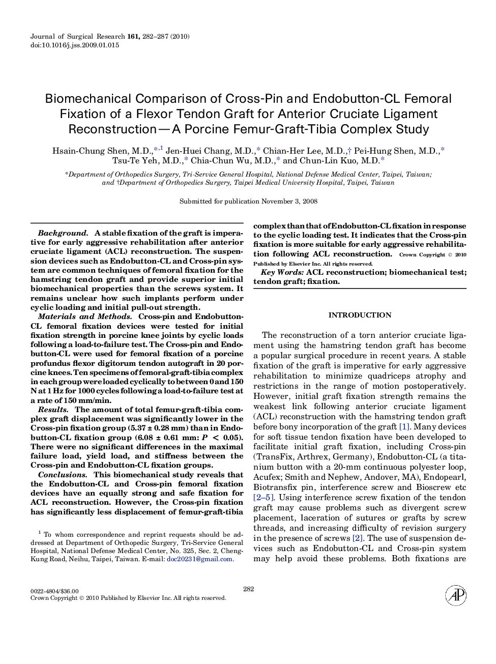 Biomechanical Comparison of Cross-Pin and Endobutton-CL Femoral Fixation of a Flexor Tendon Graft for Anterior Cruciate Ligament Reconstruction—A Porcine Femur-Graft-Tibia Complex Study