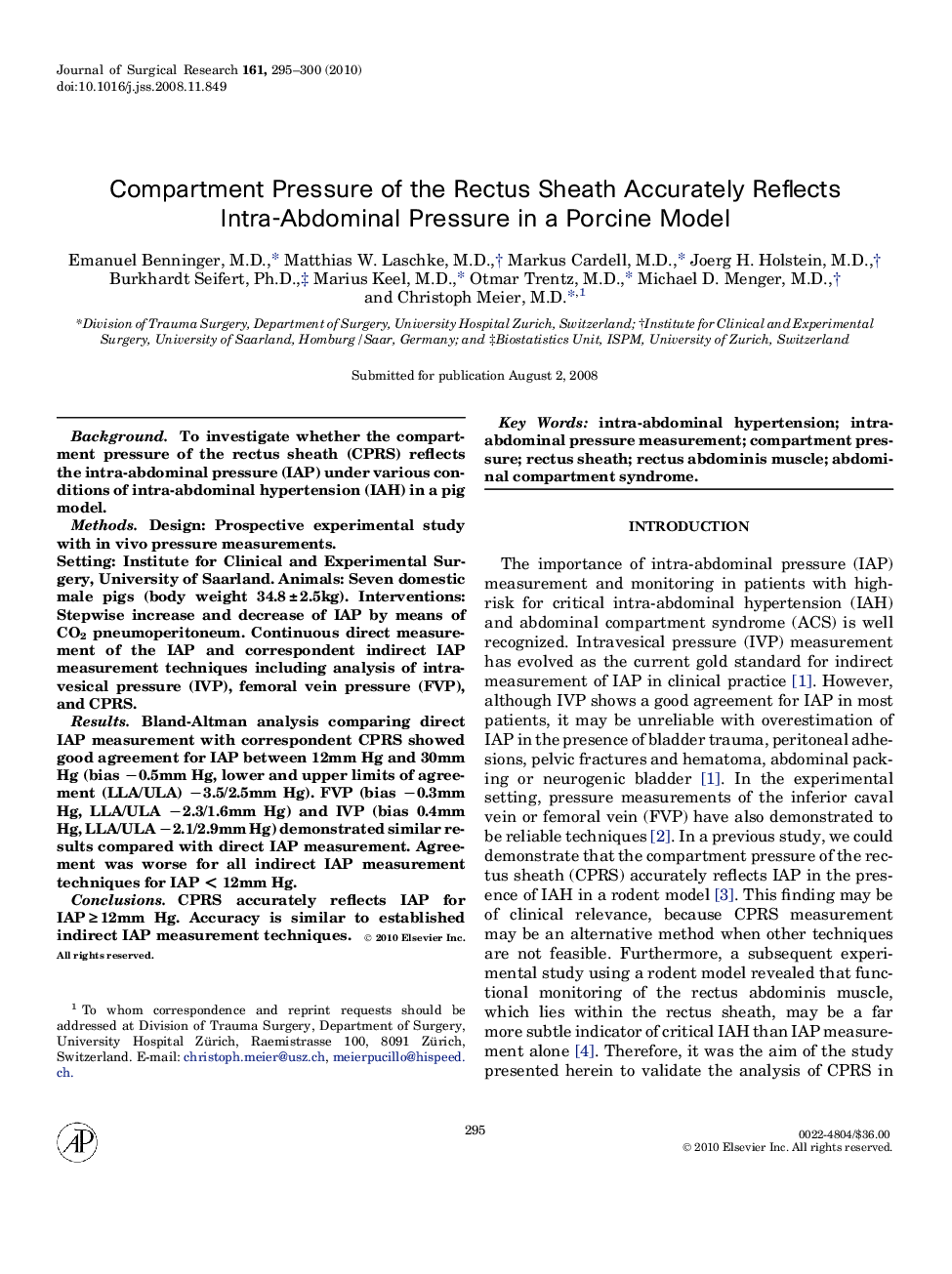 Compartment Pressure of the Rectus Sheath Accurately Reflects Intra-Abdominal Pressure in a Porcine Model