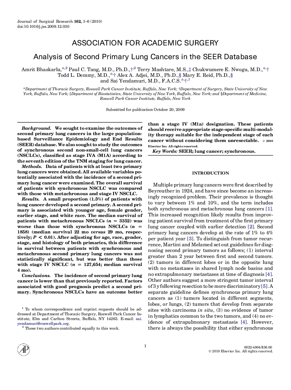 Analysis of Second Primary Lung Cancers in the SEER Database