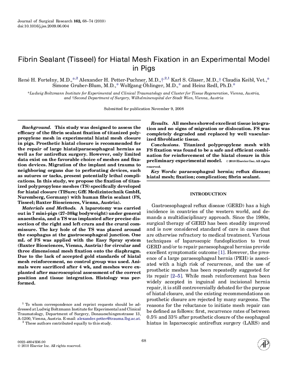 Fibrin Sealant (Tisseel) for Hiatal Mesh Fixation in an Experimental Model in Pigs