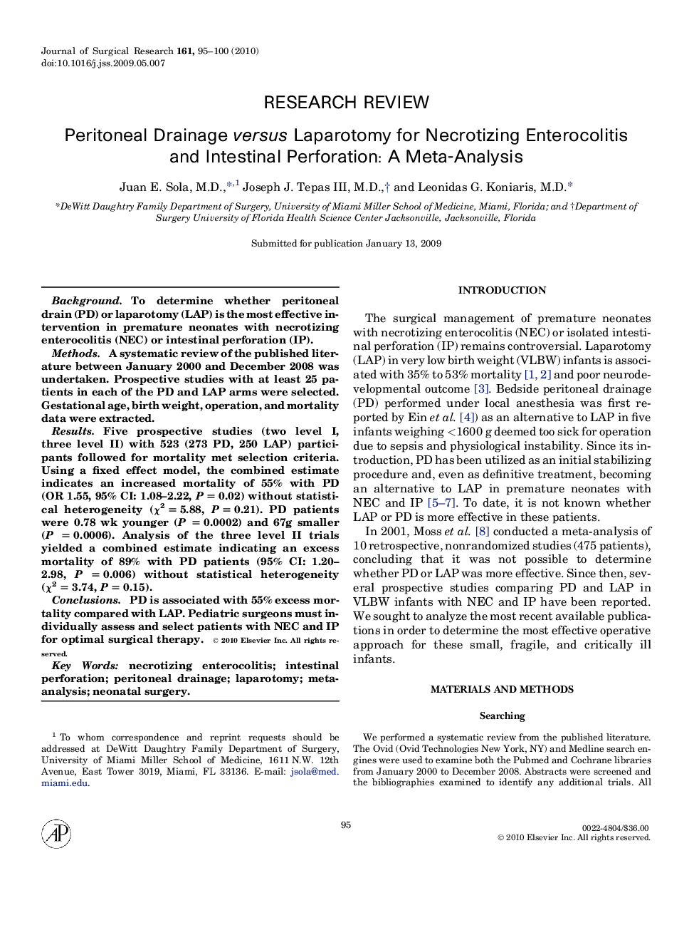 Peritoneal Drainage versus Laparotomy for Necrotizing Enterocolitis and Intestinal Perforation: A Meta-Analysis