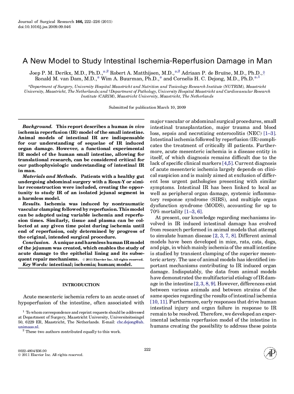 A New Model to Study Intestinal Ischemia-Reperfusion Damage in Man