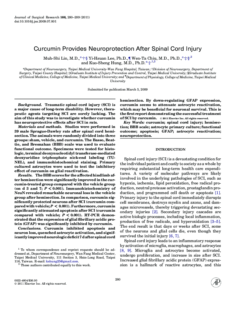 Curcumin Provides Neuroprotection After Spinal Cord Injury