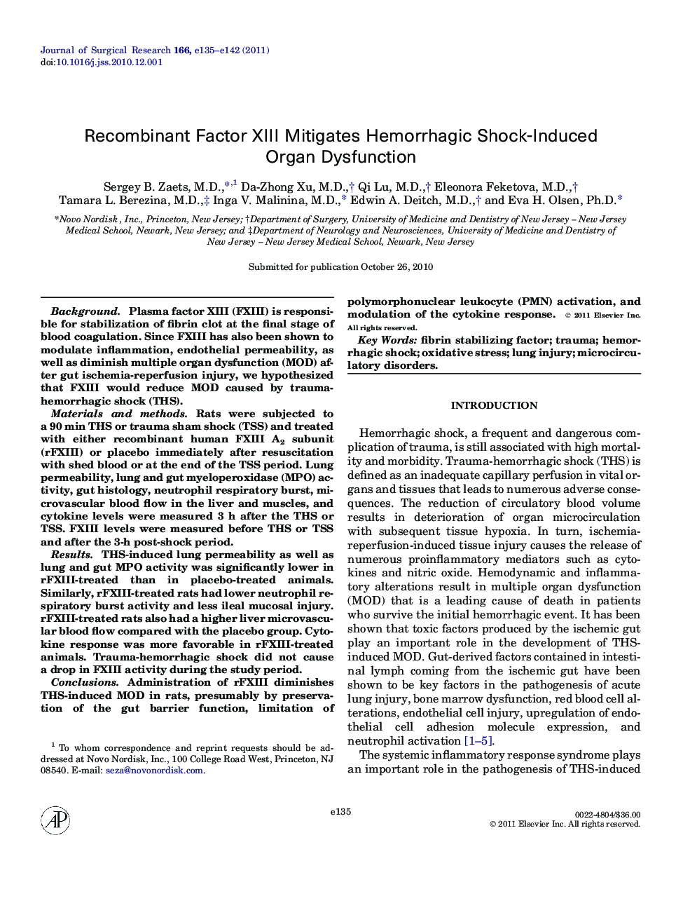 Recombinant Factor XIII Mitigates Hemorrhagic Shock-Induced Organ Dysfunction