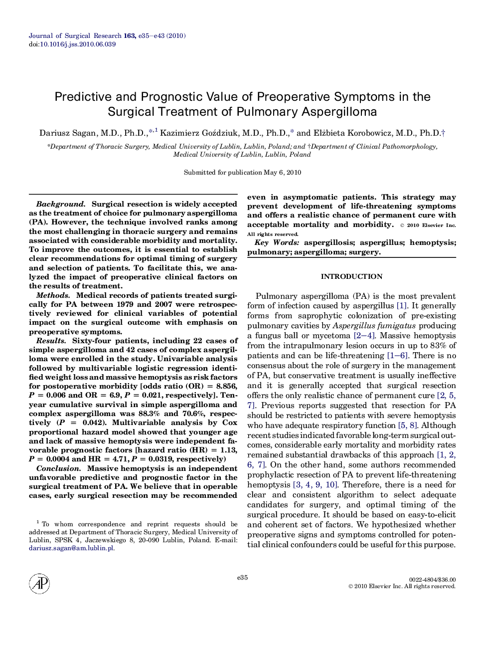 Predictive and Prognostic Value of Preoperative Symptoms in the Surgical Treatment of Pulmonary Aspergilloma