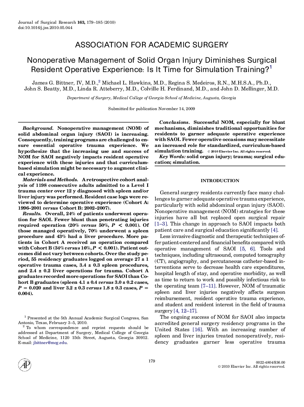 Nonoperative Management of Solid Organ Injury Diminishes Surgical Resident Operative Experience: Is It Time for Simulation Training?1