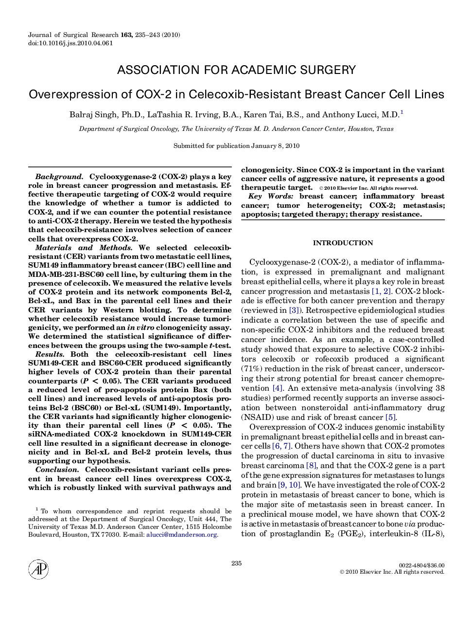 Overexpression of COX-2 in Celecoxib-Resistant Breast Cancer Cell Lines