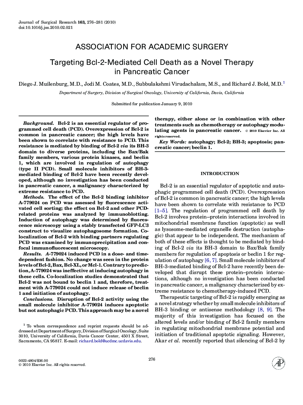 Targeting Bcl-2-Mediated Cell Death as a Novel Therapy in Pancreatic Cancer