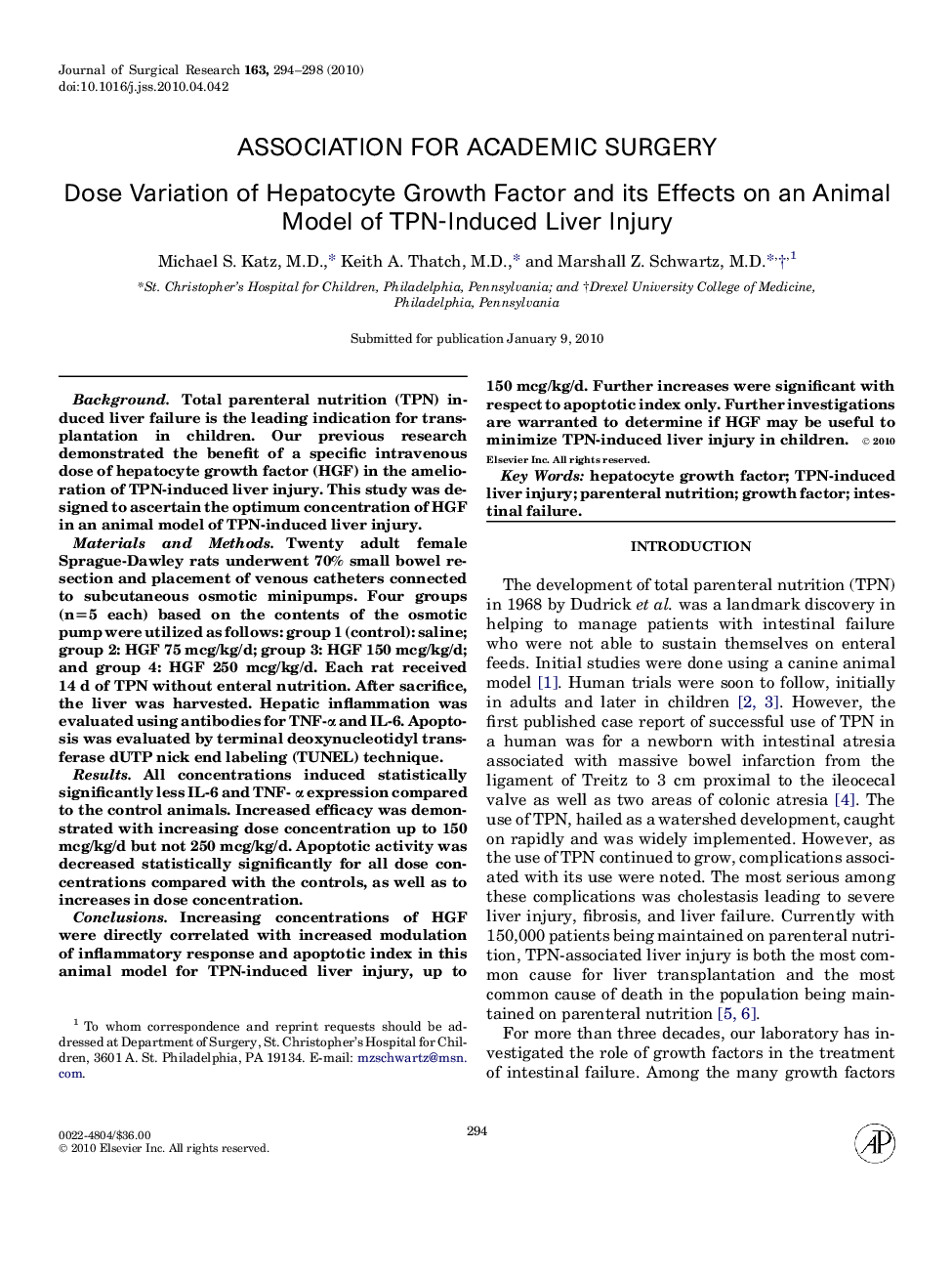 Dose Variation of Hepatocyte Growth Factor and its Effects on an Animal Model of TPN-Induced Liver Injury