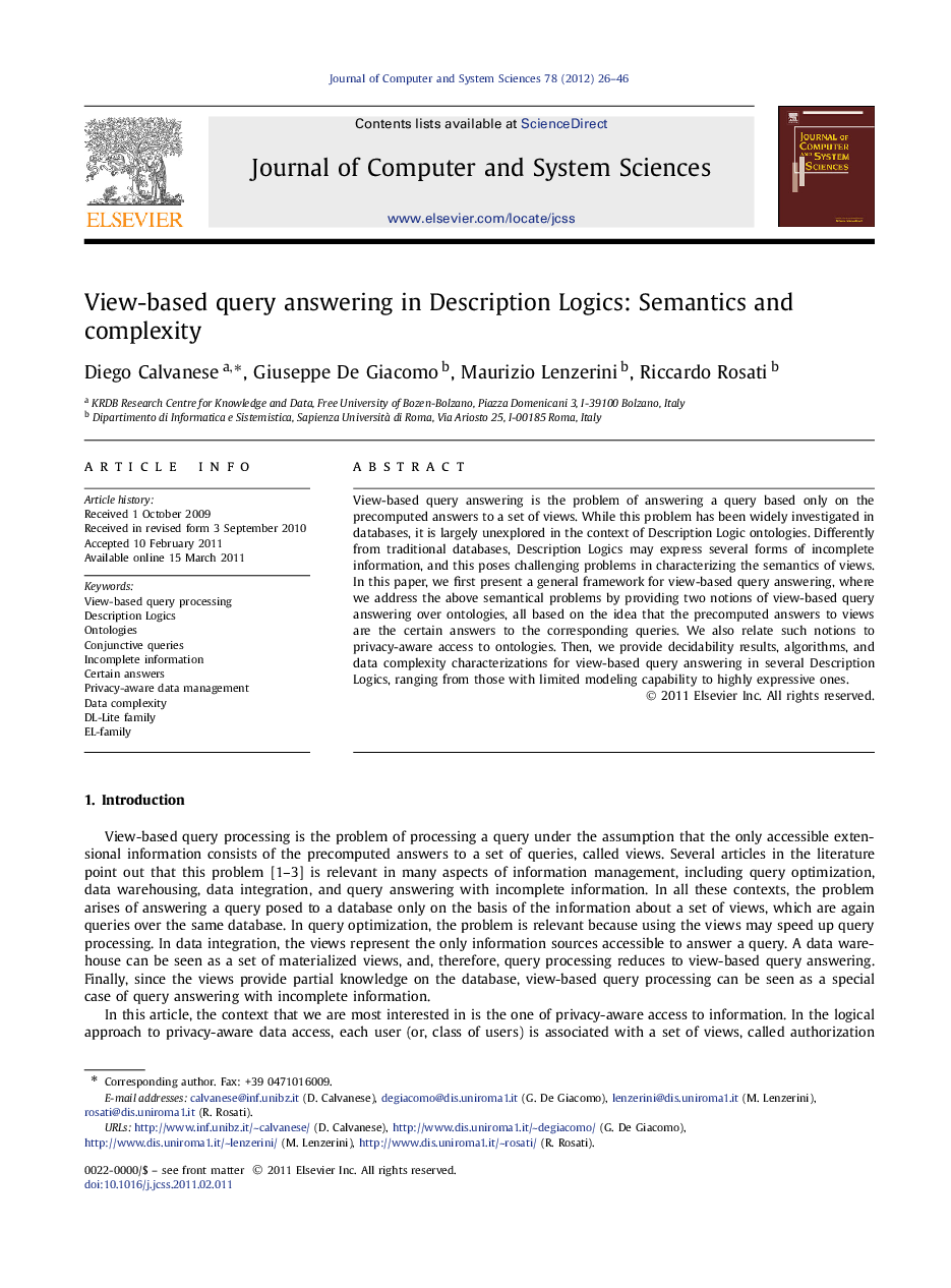 View-based query answering in Description Logics: Semantics and complexity