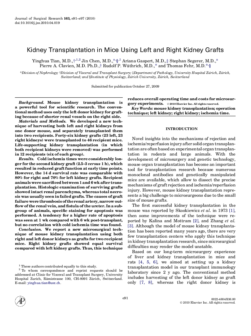 Kidney Transplantation in Mice Using Left and Right Kidney Grafts