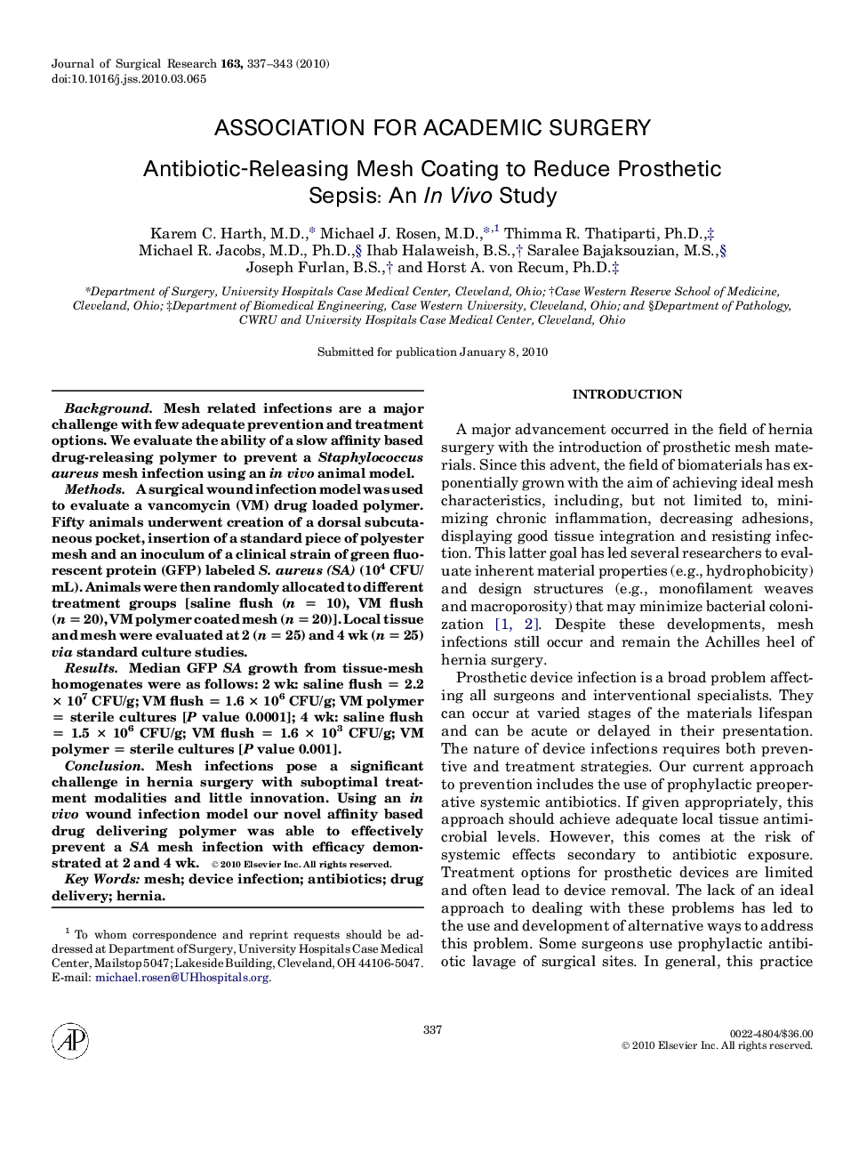 Antibiotic-Releasing Mesh Coating to Reduce Prosthetic Sepsis: An In Vivo Study