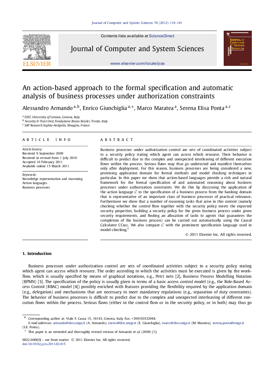An action-based approach to the formal specification and automatic analysis of business processes under authorization constraints