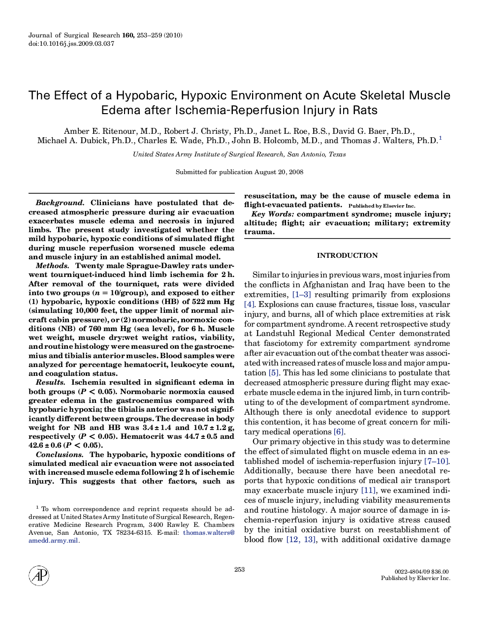 The Effect of a Hypobaric, Hypoxic Environment on Acute Skeletal Muscle Edema after Ischemia-Reperfusion Injury in Rats