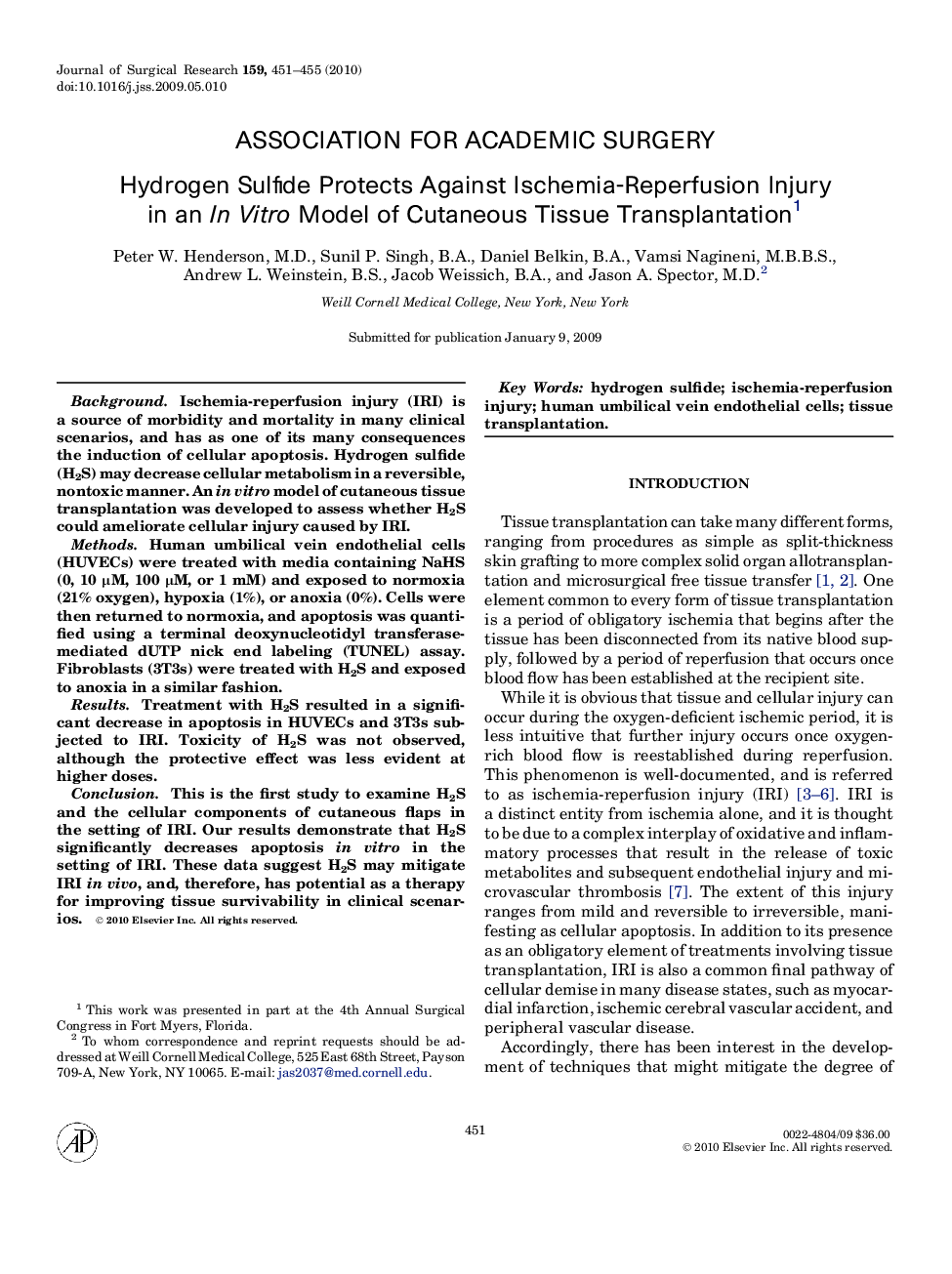 Hydrogen Sulfide Protects Against Ischemia-Reperfusion Injury in an In Vitro Model of Cutaneous Tissue Transplantation 1