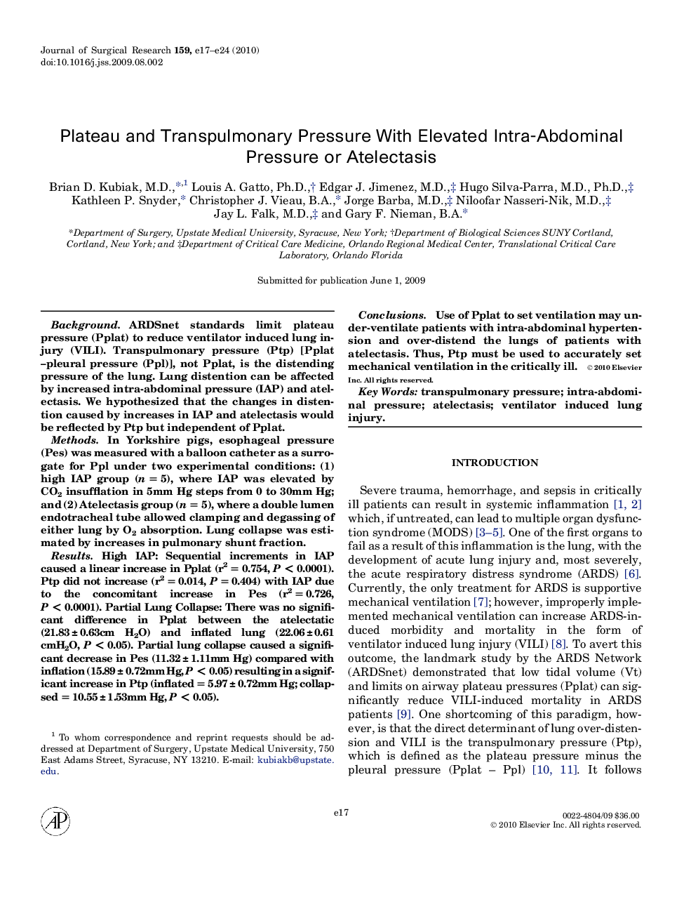 Plateau and Transpulmonary Pressure With Elevated Intra-Abdominal Pressure or Atelectasis