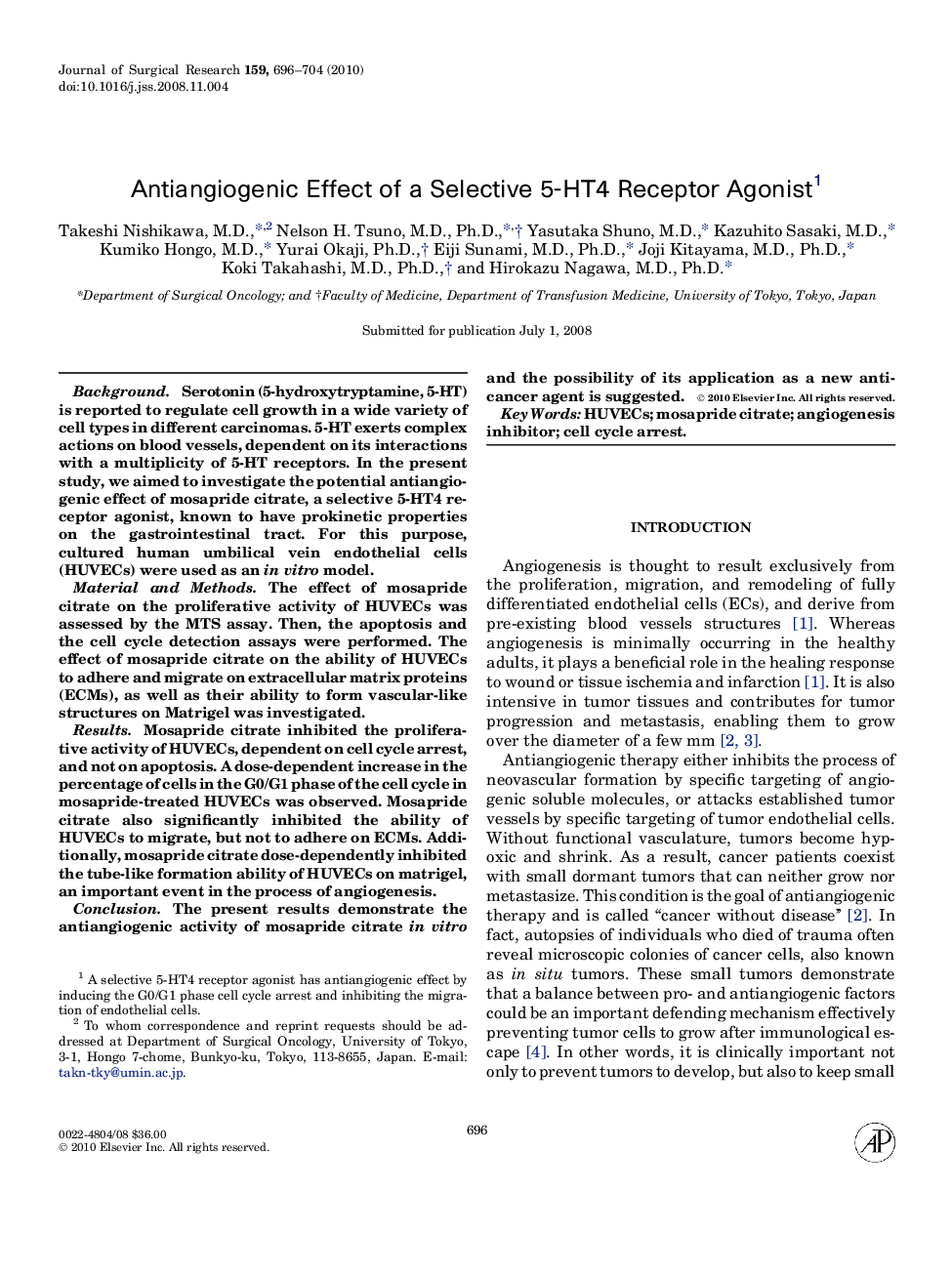 Antiangiogenic Effect of a Selective 5-HT4 Receptor Agonist1