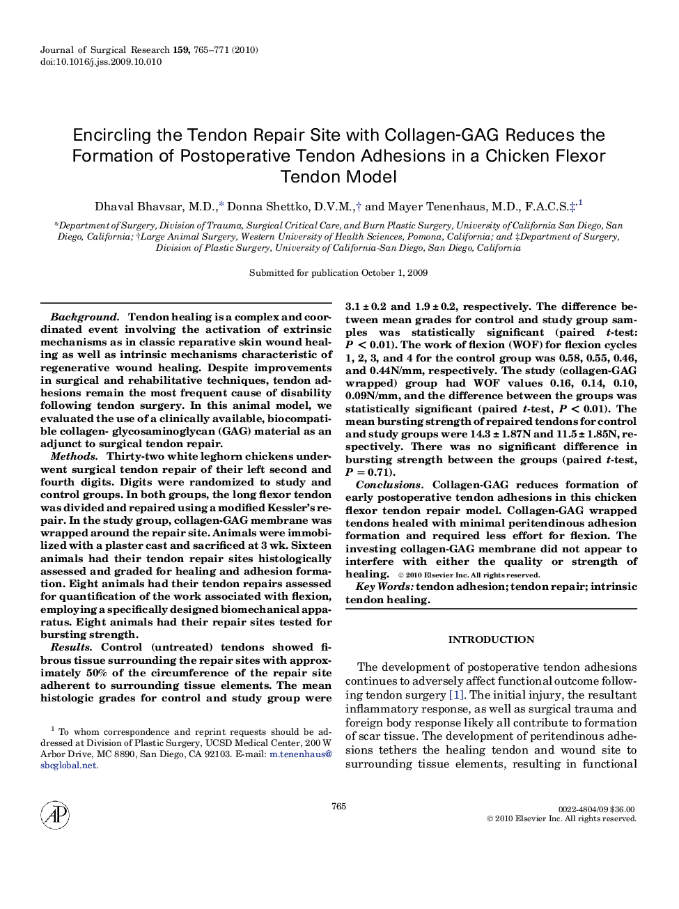 Encircling the Tendon Repair Site with Collagen-GAG Reduces the Formation of Postoperative Tendon Adhesions in a Chicken Flexor Tendon Model