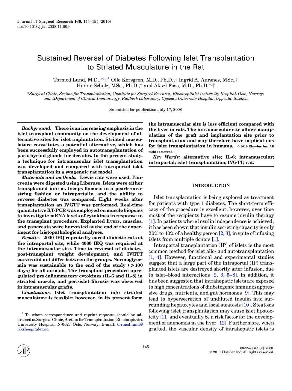 Sustained Reversal of Diabetes Following Islet Transplantation to Striated Musculature in the Rat